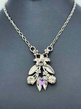 Vintage 925 Sterling Silver 1.25Ct Natural Amethyst Stone Orchid Floral Necklace